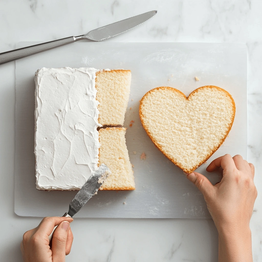 "Step-by-step process of shaping a heart cake."