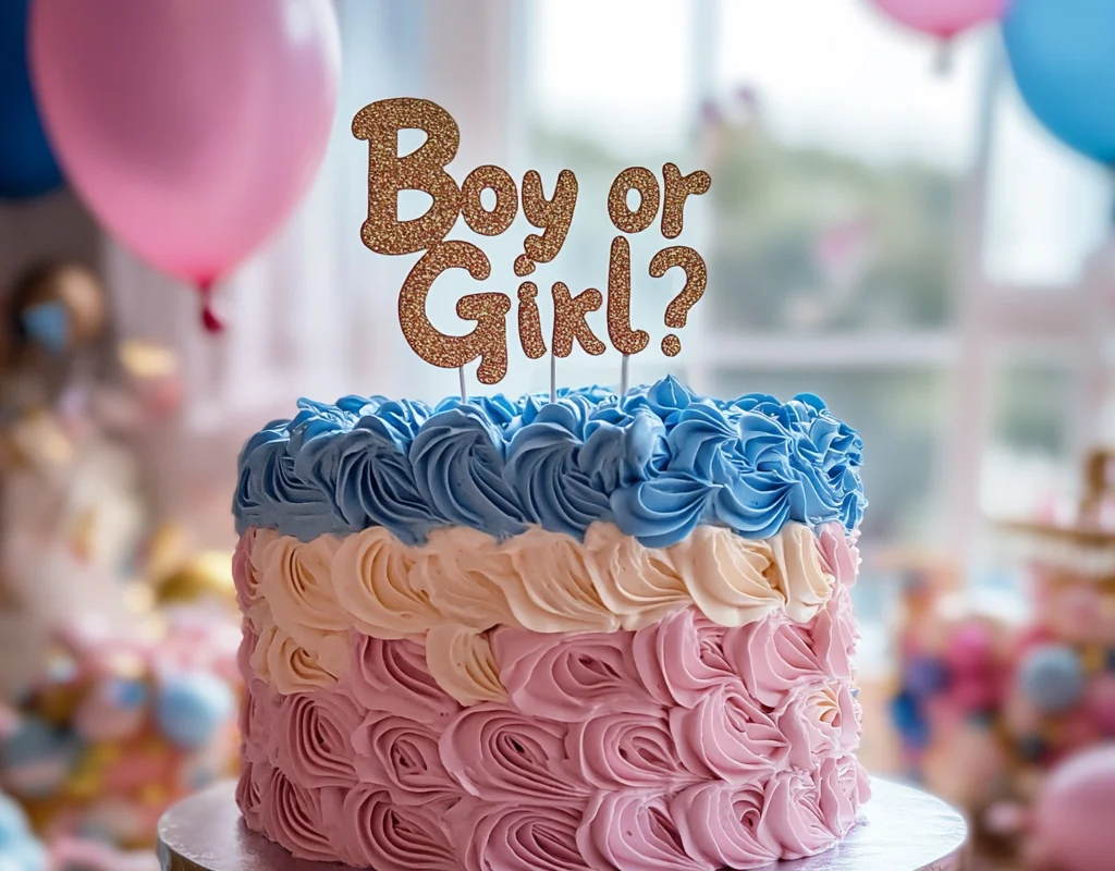 Pastel ombre gender reveal cake with “Boy or Girl?” topper