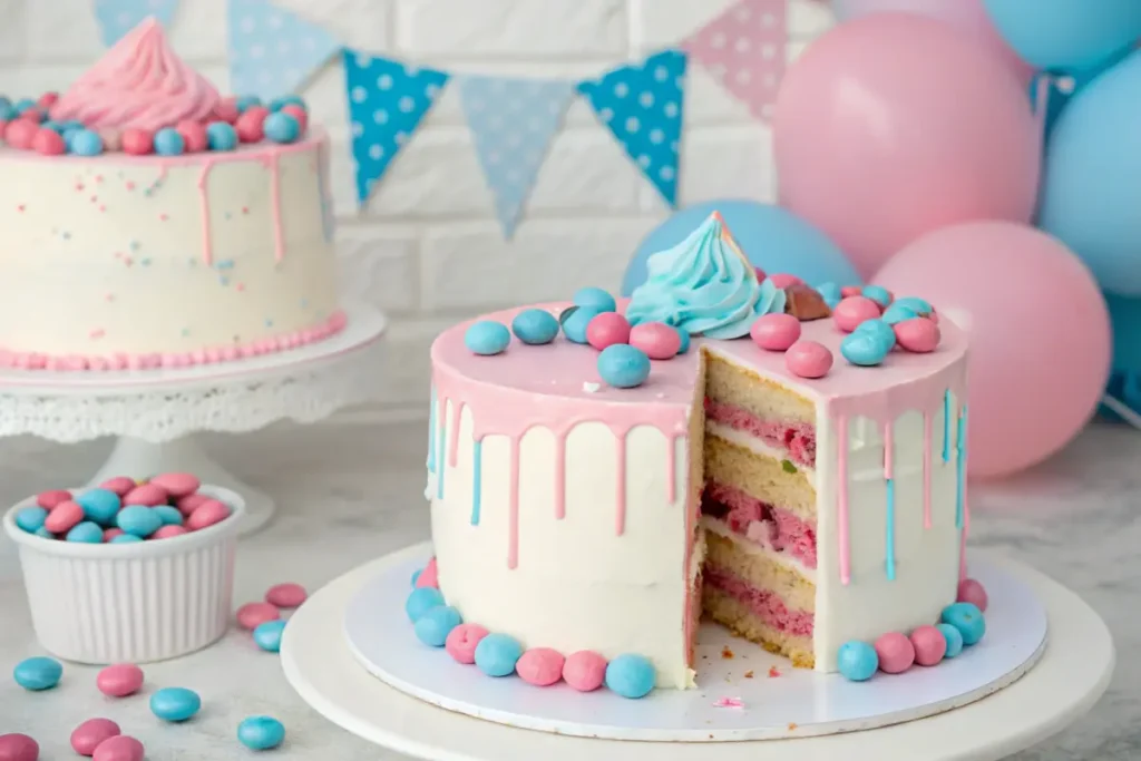 Piñata-style gender reveal cake spilling colorful candies