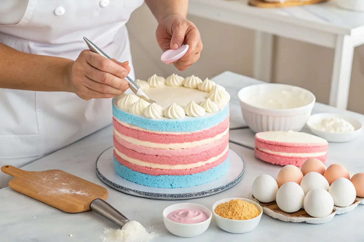 Baker assembling a layered gender reveal cake