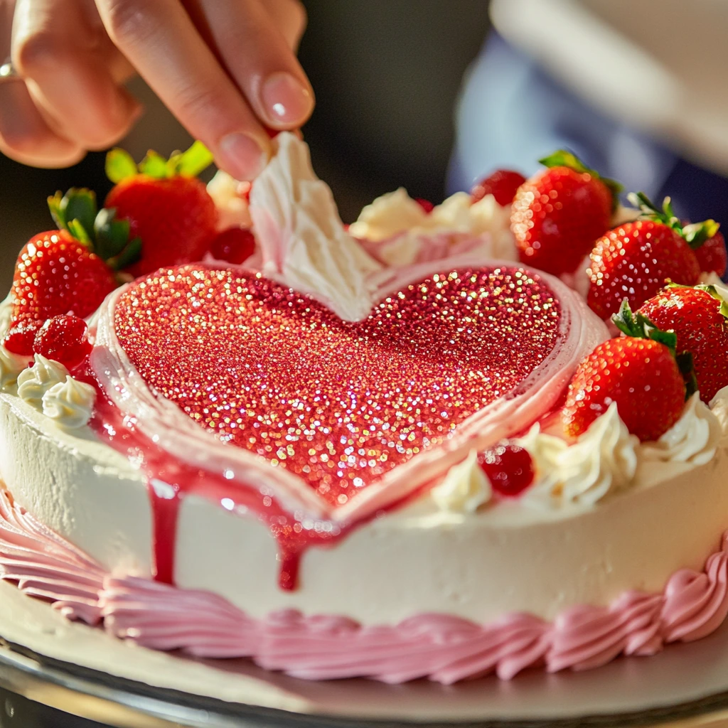 Decorating a frosted heart-shaped cake