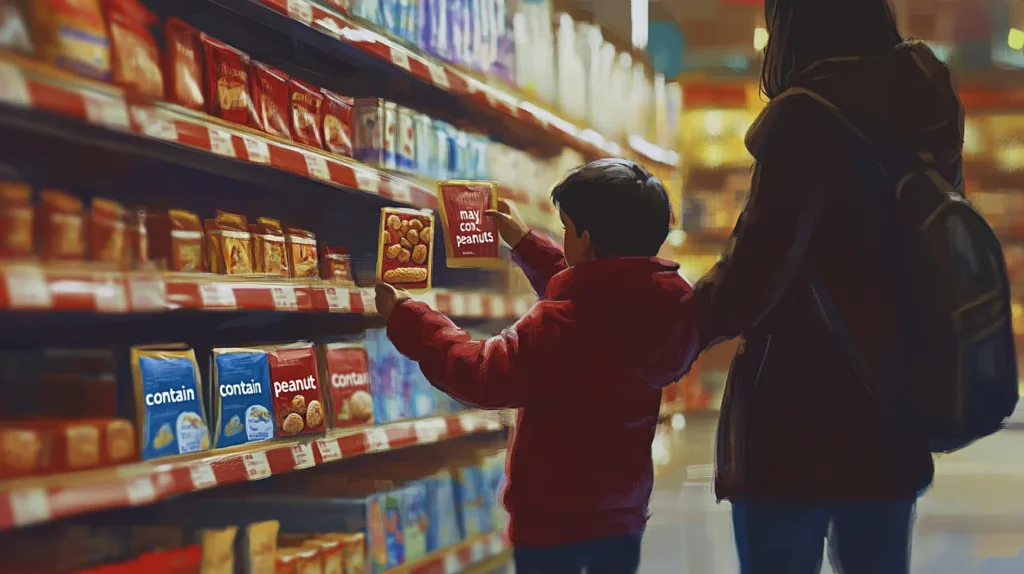 A parent and child reading allergen labels on a snack package in a grocery store aisle.