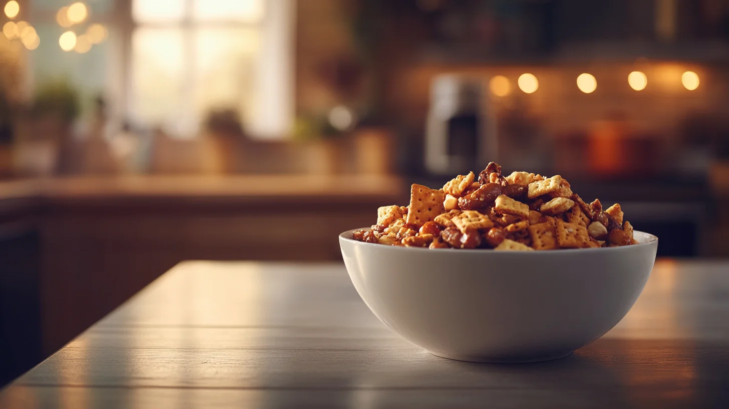 Bowl of Chex Mix on a rustic wooden table with a nut-free label