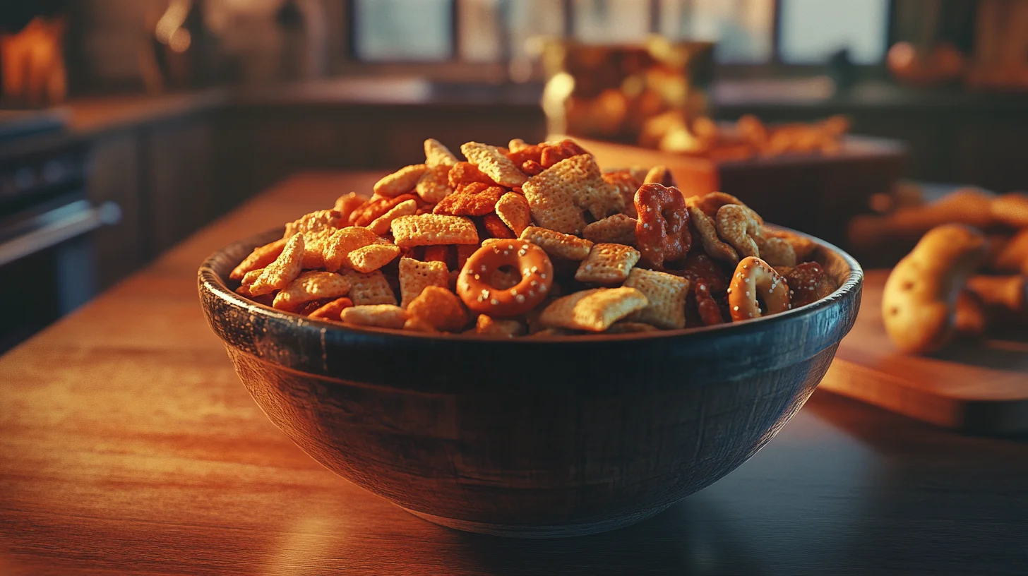 bowl of Chex Mix with Corn Chex, Rice Chex, pretzels, and bagel chips on a rustic table.
