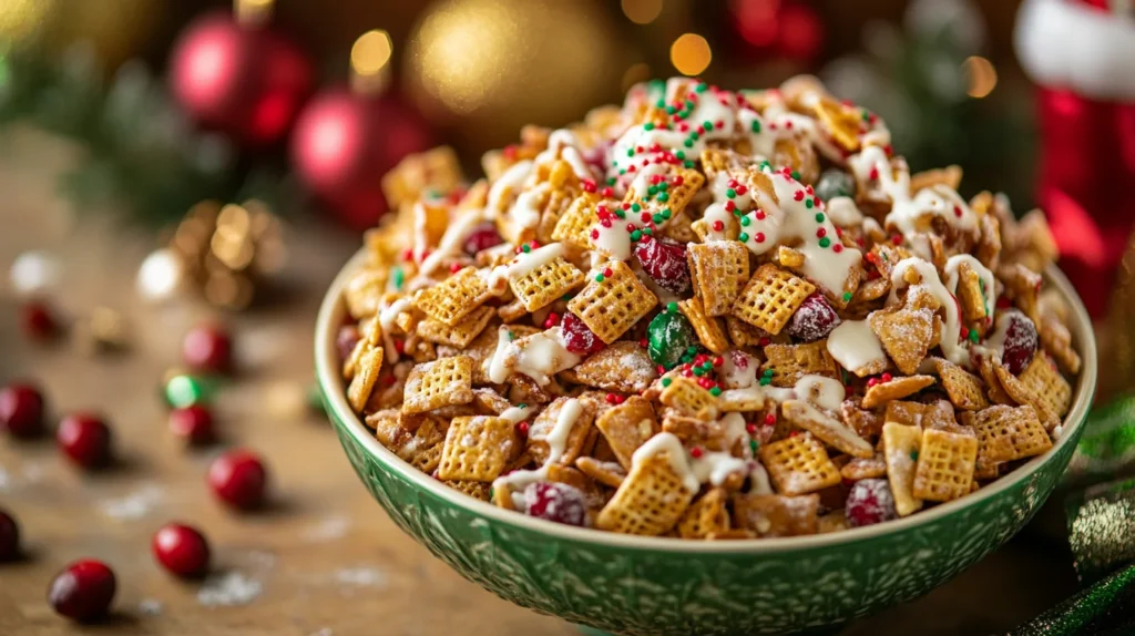 Festive Chex Mix variation with white chocolate, cranberries, and sprinkles in a decorative bowl on a holiday-themed table.