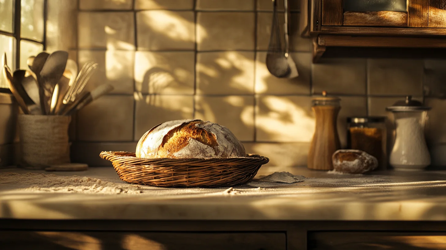 reshly proofed sourdough in a rattan bread basket on a rustic counter