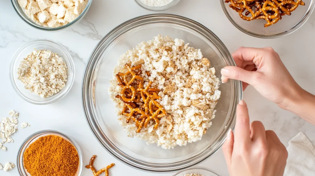 Preparing a homemade nut-free snack mix with cereals, pretzels, and seasoning on a marble countertop.
