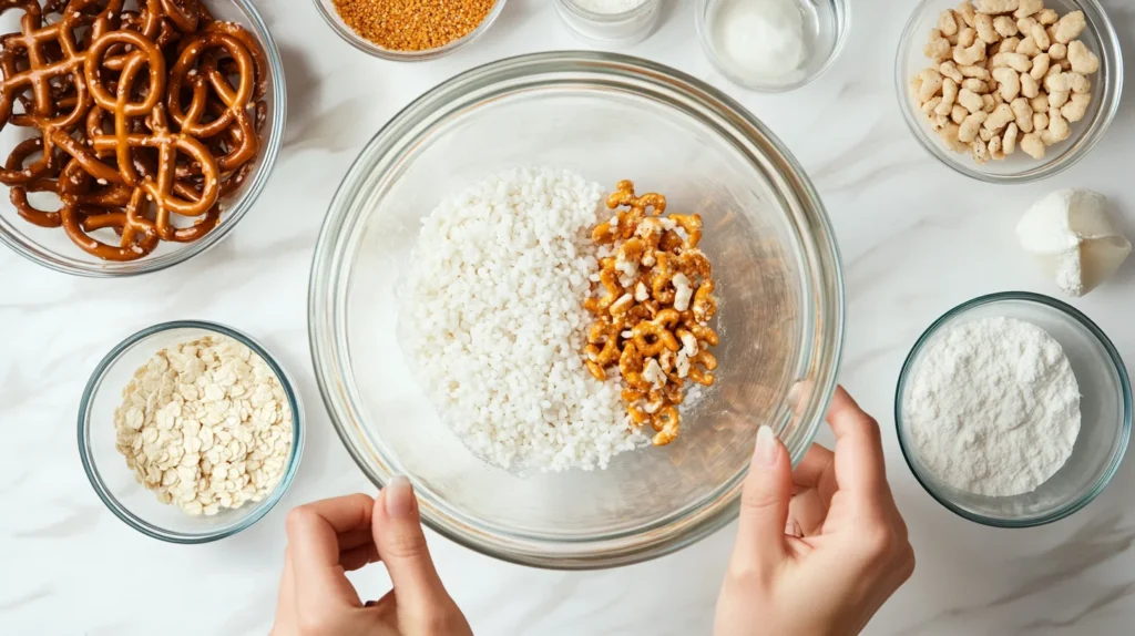 Homemade nut-free snack mix preparation with ingredients on a counter.