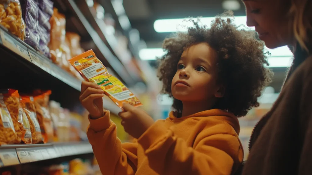 Parent and child reading food labels in a grocery store.