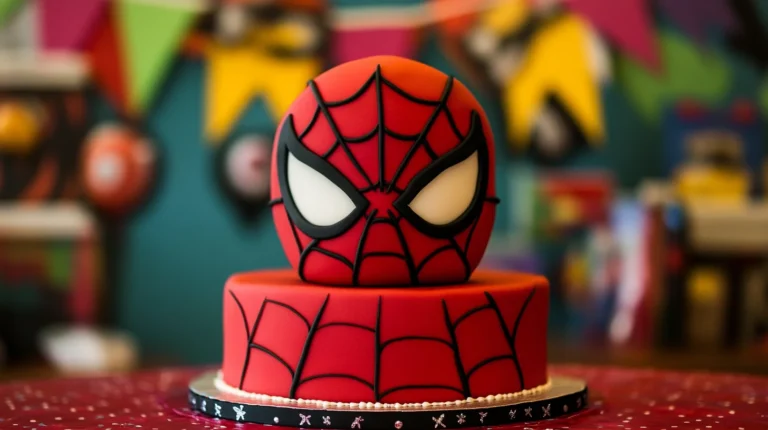 Spider-Man cake with red fondant, web details, and white eyes on a superhero-themed party table