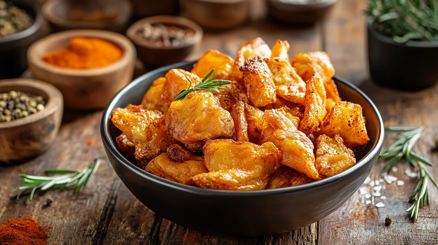 A bowl of crispy beef fat chips on a wooden table with spices.