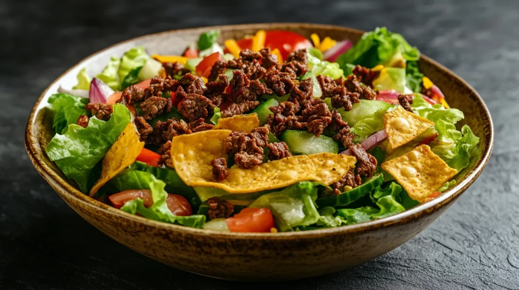Salad topped with crumbled beef chips