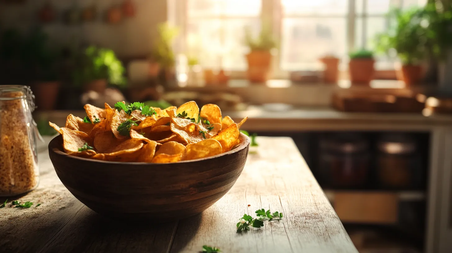 Bowl of crispy beef chips with herbs on a rustic counter