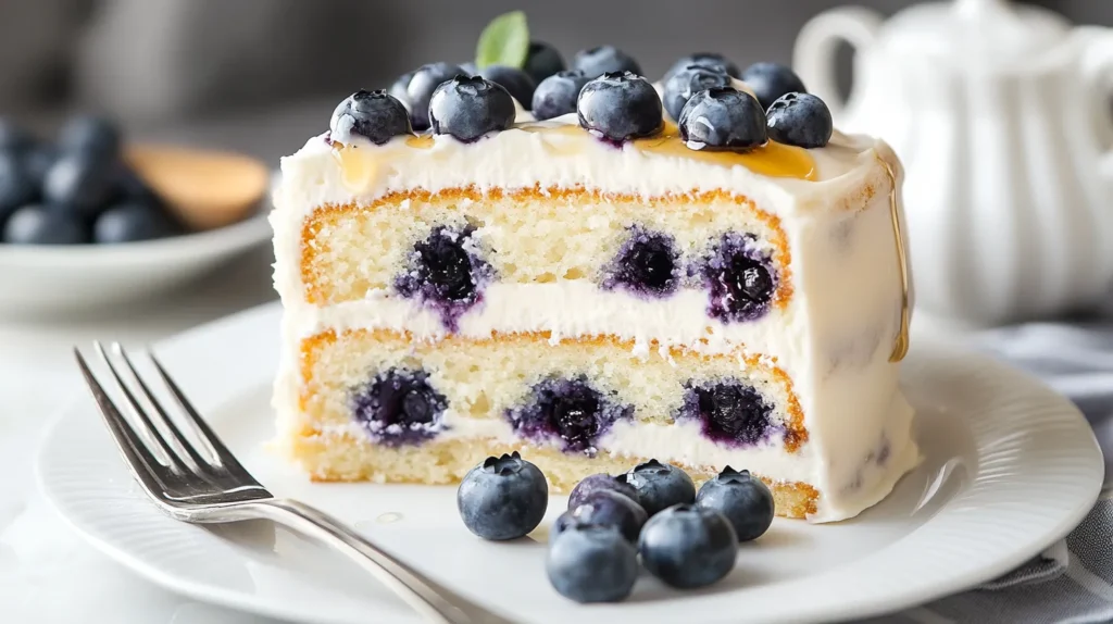 Sliced blueberry cake with cream cheese frosting.