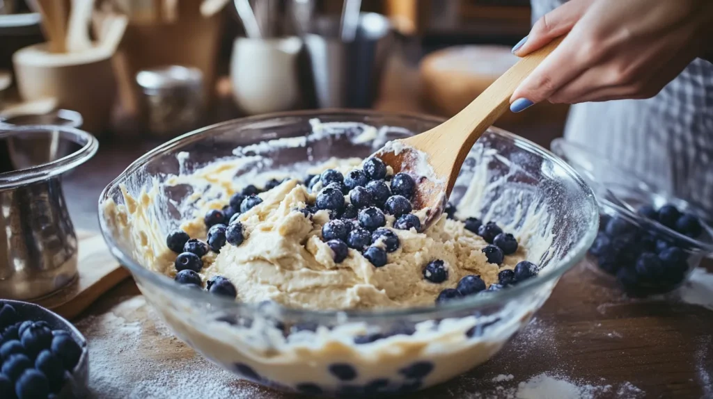 Mixing blueberry cake batter with fresh blueberries.