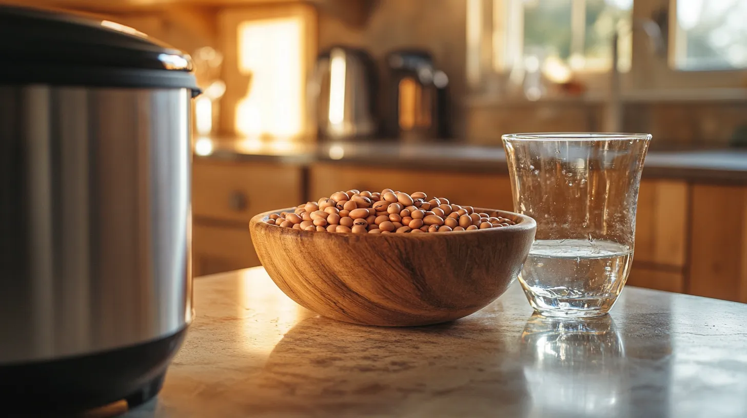 Dried beans next to a slow cooker, showing the soaking process