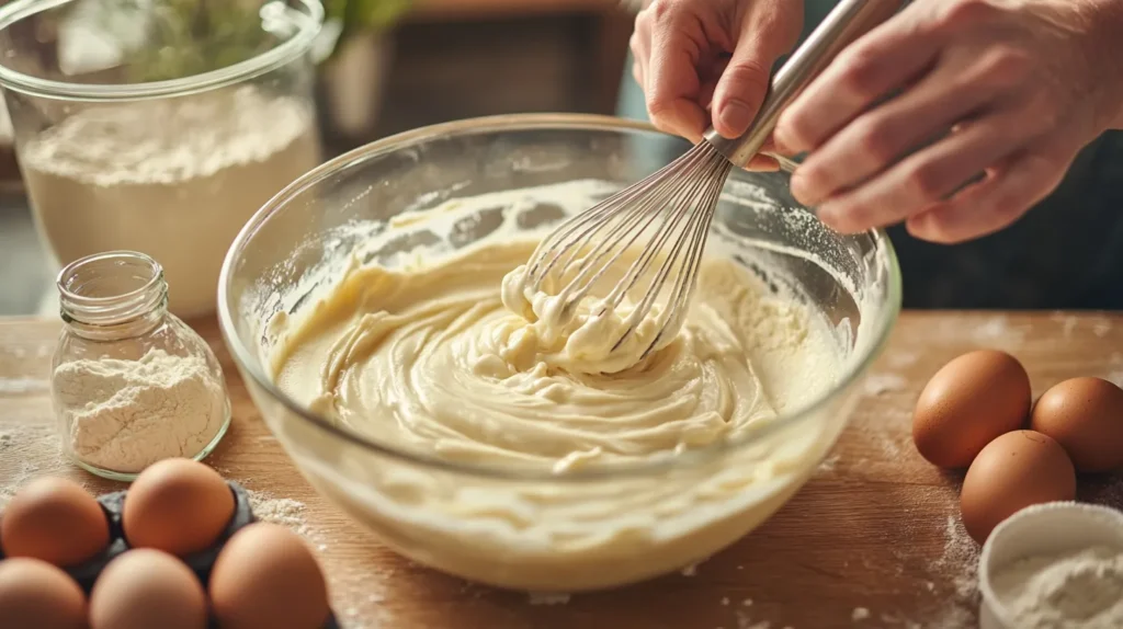 Mixing vanilla cake batter in a glass bowl.