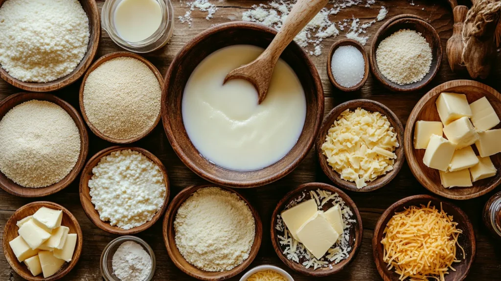 Different types of grits in bowls, with milk being poured into a pot of grits.