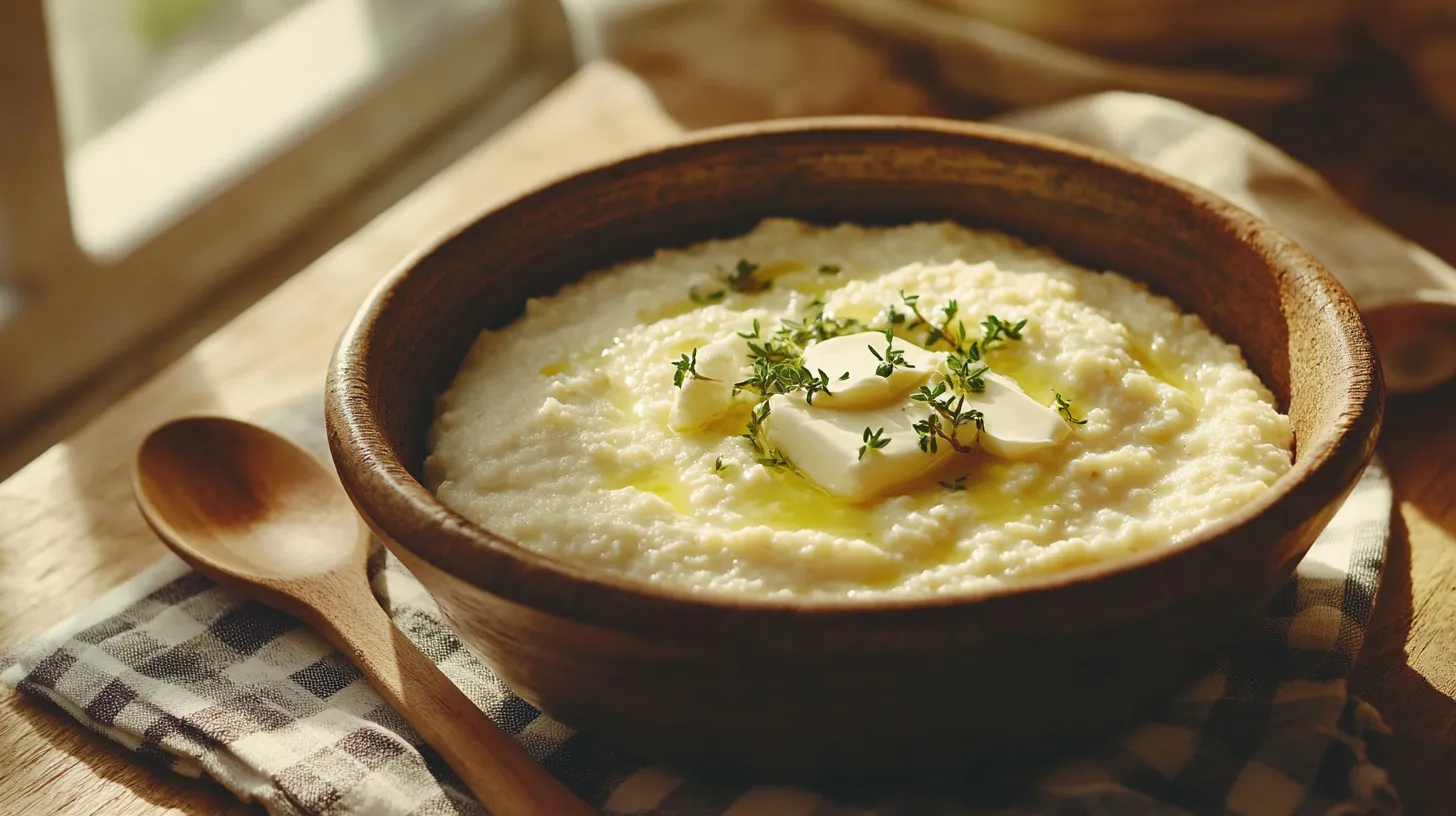A warm bowl of creamy Southern-style grits with butter and herbs on a rustic breakfast table.
