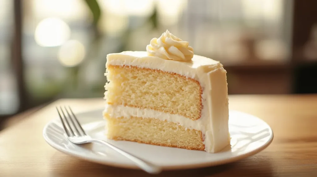 A slice of moist vanilla cake with a soft crumb.