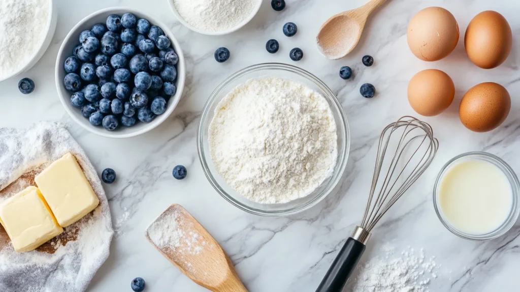 Ingredients for homemade blueberry cake laid out on a countertop.