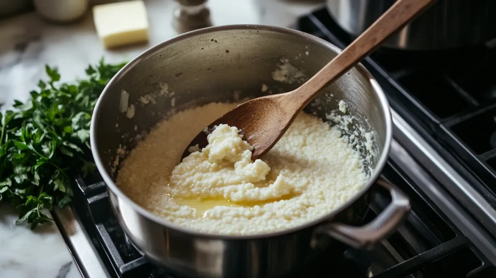 A pot of simmering grits on the stove, a side of butter and fresh herbs nearby